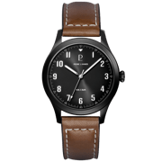 Montre Homme AVIATEUR Noir Cadran Gris Bracelet Cuir Brun